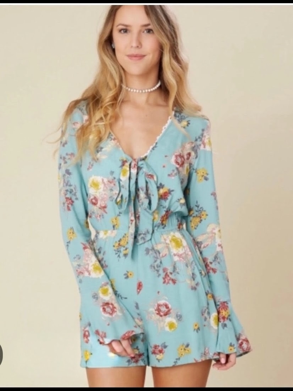 Altar'd State Blue Floral Tie-Front Long Sleeve Romper